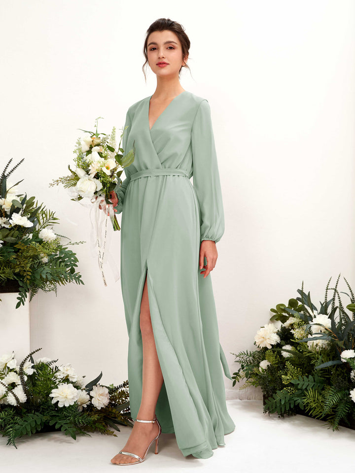 Carlyna Vestido línea A escote en V manga larga hasta el suelo dama de honor Verde Salvia 