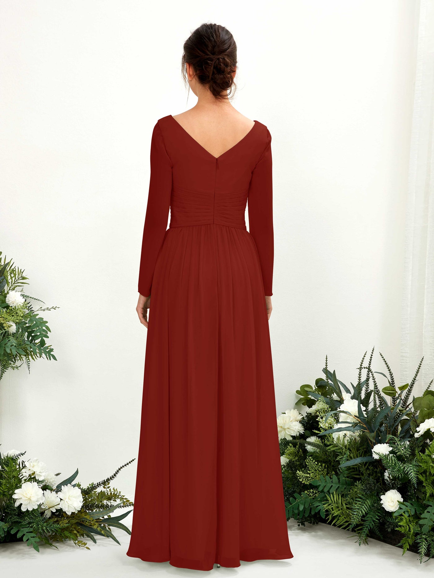 Carlyna Vestido línea A Escote en V Manga larga hasta el suelo dama de honor Óxido #color_xido