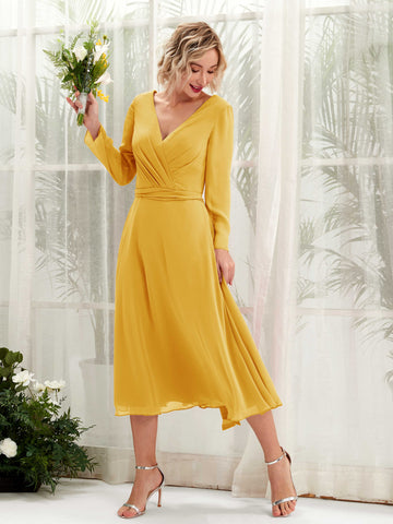 Carlyna Vestido Línea A Escote en V Manga Larga Hasta la tibia Vestidos de dama de honor Amarillo Mostaza #color_amarillo-mostaza
