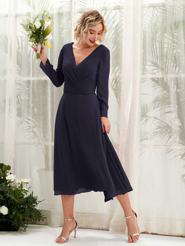 Carlyna Vestido Línea A Escote en V Manga Larga Hasta la tibia Vestidos de dama de honor Azul Marino Oscuro #color_azul-marino-oscuro