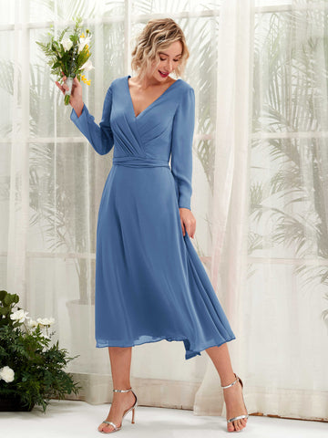 Carlyna Vestido Línea A Escote en V Manga Larga Hasta la tibia Vestidos de dama de honor Azul polvoriento #color_azul-polvoriento