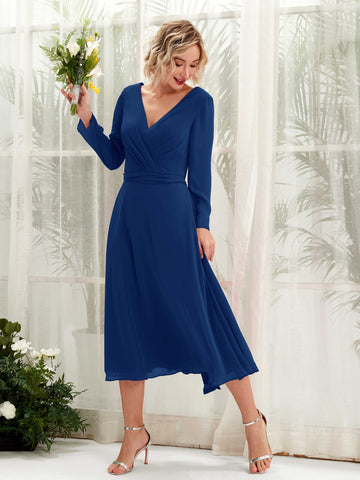 Carlyna Vestido Línea A Escote en V Manga Larga Hasta la tibia Vestidos de dama de honor Azul Real #color_azul-real