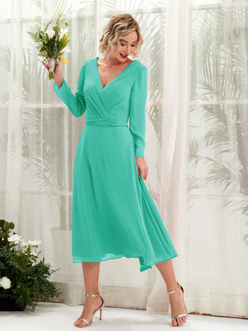 Carlyna Vestido Línea A Escote en V Manga Larga Hasta la tibia Vestidos de dama de honor Azul Tiffany #color_azul-tiffany