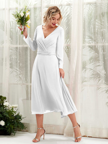 Carlyna Vestido Línea A Escote en V Manga Larga Hasta la tibia Vestidos de dama de honor Blanco #color_blanco