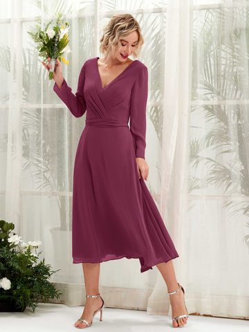 Carlyna Vestido Línea A Escote en V Manga Larga Hasta la tibia Vestidos de dama de honor Chianti #color_chianti