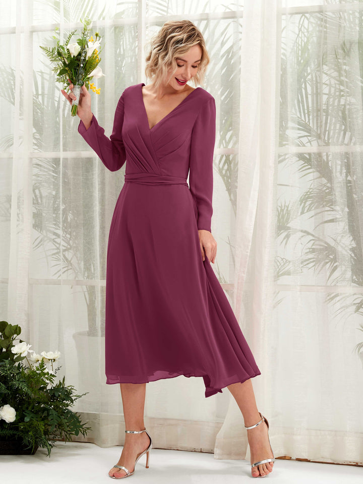 Carlyna Vestido Línea A Escote en V Manga Larga Hasta la tibia Vestidos de dama de honor Chianti 