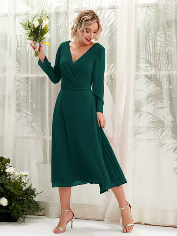 Carlyna Vestido Línea A Escote en V Manga Larga Hasta la tibia Vestidos de dama de honor Esmeralda Oscuro #color_esmeralda-oscuro