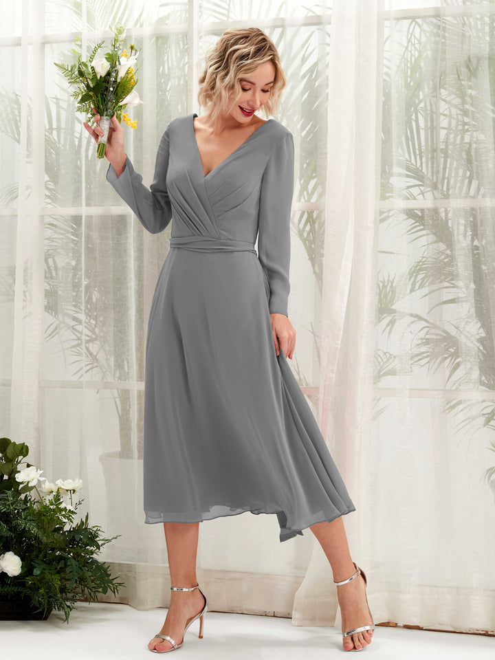 Carlyna Vestido Línea A Escote en V Manga Larga Hasta la tibia Vestidos de dama de honor Gris Acero 