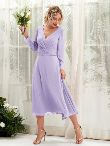 Carlyna Vestido Línea A Escote en V Manga Larga Hasta la tibia Vestidos de dama de honor Lila #color_lila