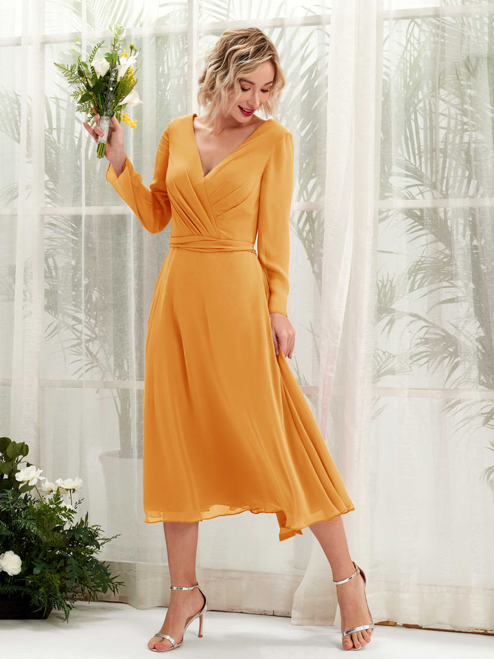 Carlyna Vestido Línea A Escote en V Manga Larga Hasta la tibia Vestidos de dama de honor Mango 