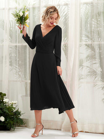 Carlyna Vestido Línea A Escote en V Manga Larga Hasta la tibia Vestidos de dama de honor Negro #color_negro