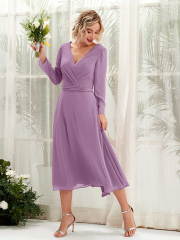 Carlyna Vestido Línea A Escote en V Manga Larga Hasta la tibia Vestidos de dama de honor Niebla Orquídea #color_niebla-orqu-dea
