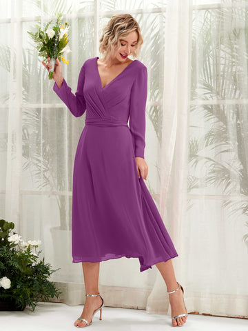 Carlyna Vestido Línea A Escote en V Manga Larga Hasta la tibia Vestidos de dama de honor Púrpura #color_p-rpura