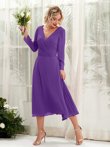 Carlyna Vestido Línea A Escote en V Manga Larga Hasta la tibia Vestidos de dama de honor Regencia #color_regencia