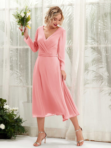 Carlyna Vestido Línea A Escote en V Manga Larga Hasta la tibia Vestidos de dama de honor Rosa Ballet #color_rosa-ballet
