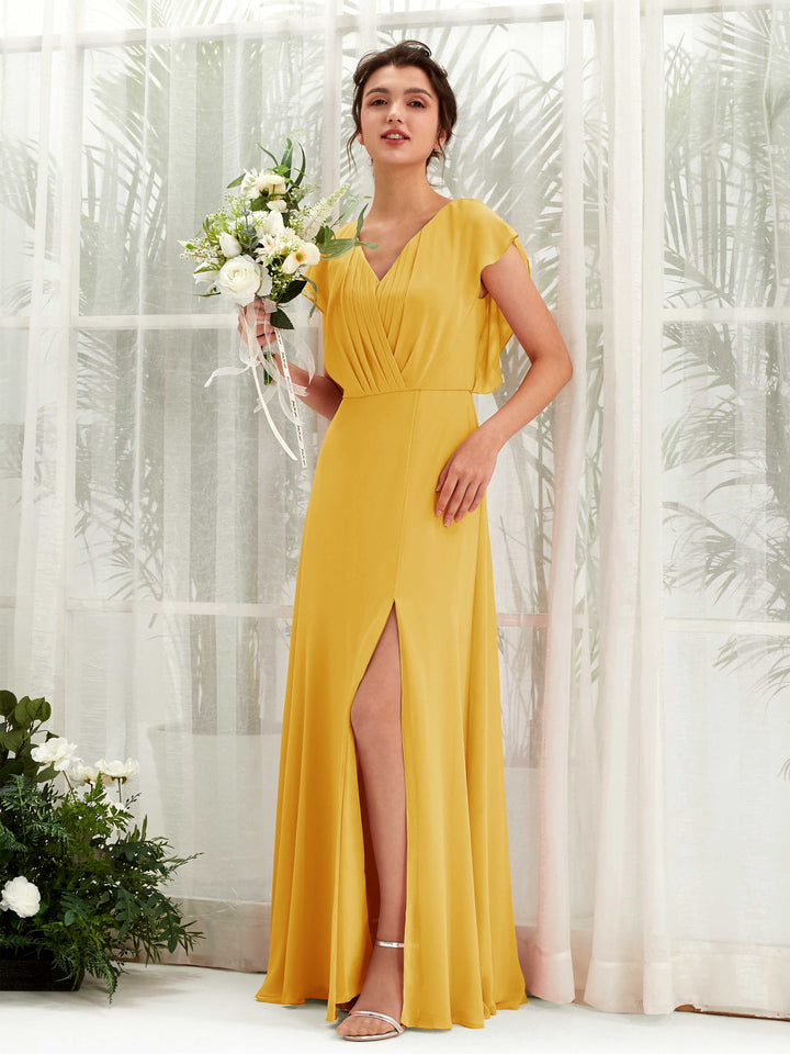 Carlyna Vestido línea A escote en V mangas con vuelo hasta el suelo dama de honor Amarillo Mostaza 