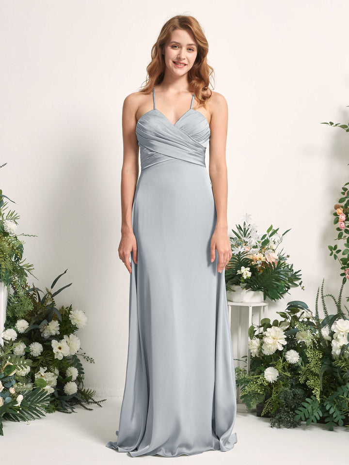 Carlyna Vestido línea A escote en V satén dama de honor Azul Bebé 