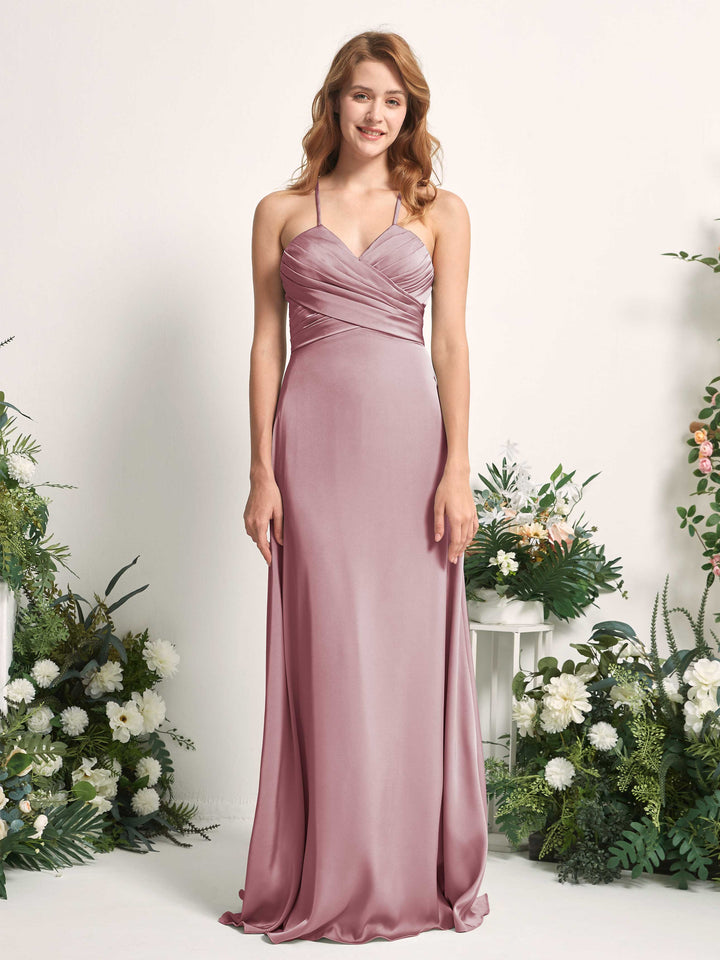 Carlyna Vestido línea A escote en V satén dama de honor Cuarzo Rosa 