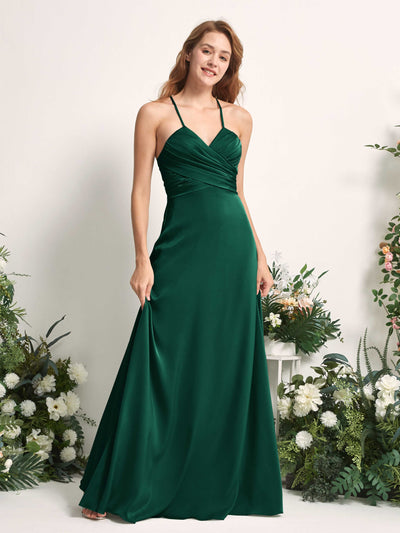Carlyna Vestido línea A escote en V satén dama de honor Verde Militer #color_verde-militer