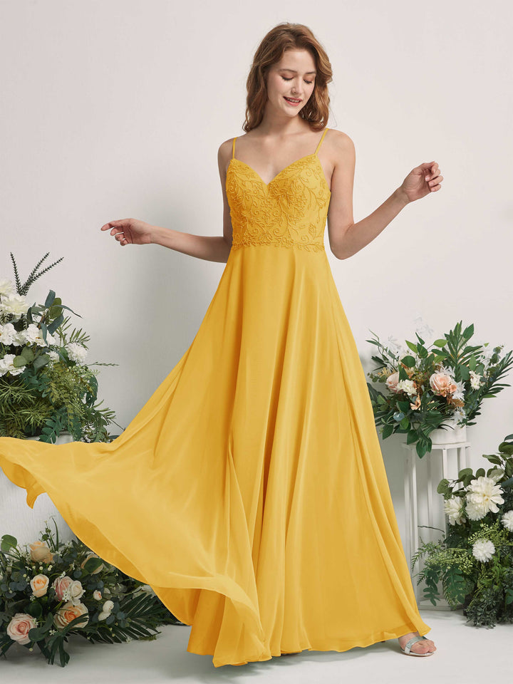 Carlyna Vestido línea A Escote en V Tirantes finos Hasta el suelo Dama de honor Amarillo Mostaza 