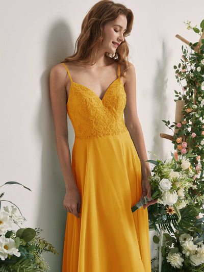 Carlyna Vestido línea A Escote en V Tirantes finos Hasta el suelo Dama de honor Amarillo Mostaza #color_amarillo-mostaza