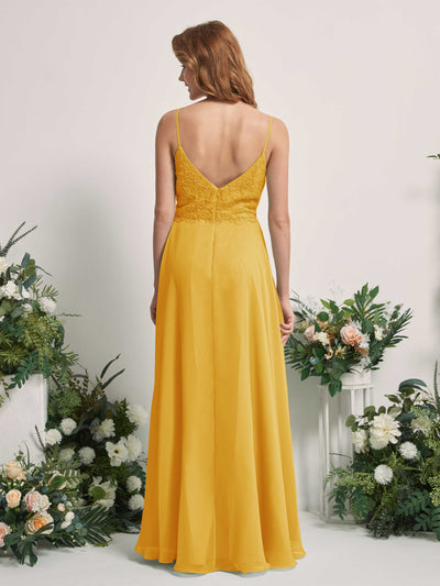 Carlyna Vestido línea A Escote en V Tirantes finos Hasta el suelo Dama de honor Amarillo Mostaza #color_amarillo-mostaza