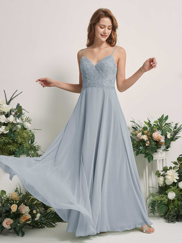Carlyna Vestido línea A Escote en V Tirantes finos Hasta el suelo Dama de honor Azul Empolvado Mejorado 