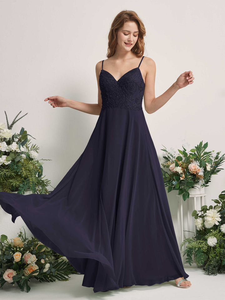 Carlyna Vestido línea A Escote en V Tirantes finos Hasta el suelo Dama de honor Azul Marino Oscuro 