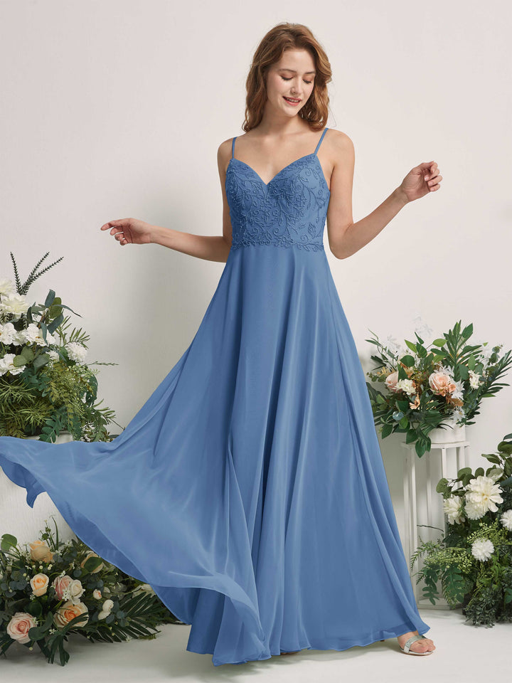Carlyna Vestido línea A Escote en V Tirantes finos Hasta el suelo Dama de honor Azul polvoriento 