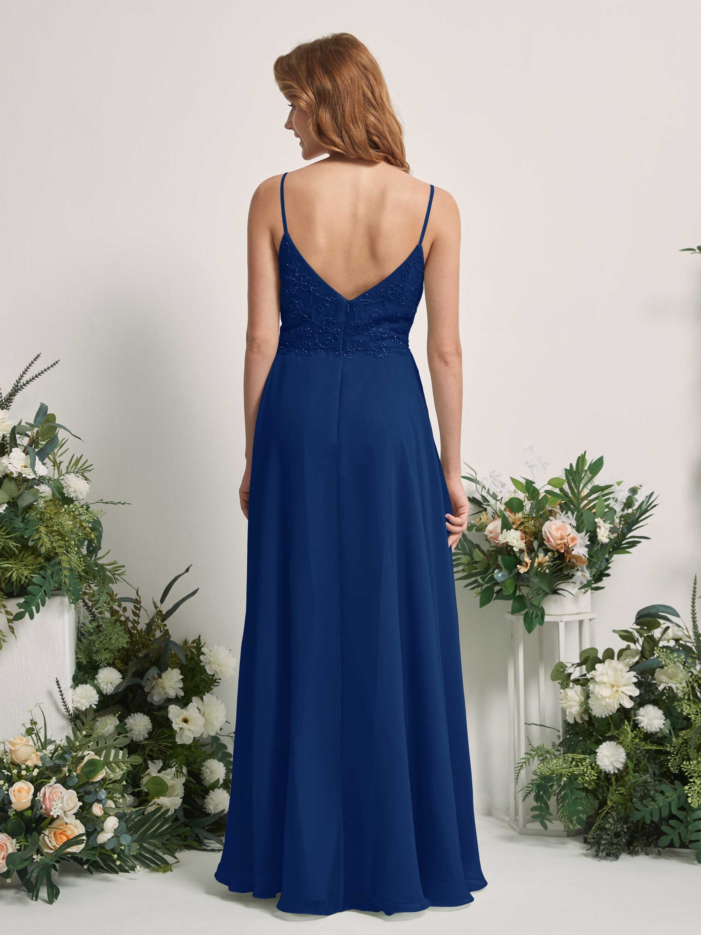 Carlyna Vestido línea A Escote en V Tirantes finos Hasta el suelo Dama de honor Azul Real #color_azul-real