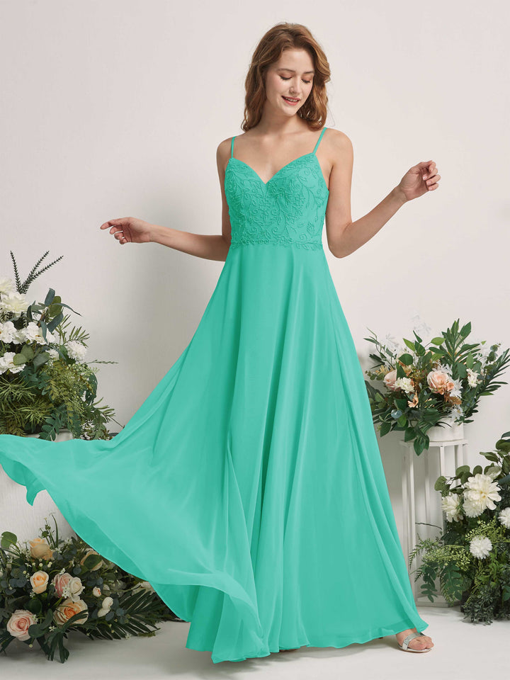 Carlyna Vestido línea A Escote en V Tirantes finos Hasta el suelo Dama de honor Azul Tiffany 
