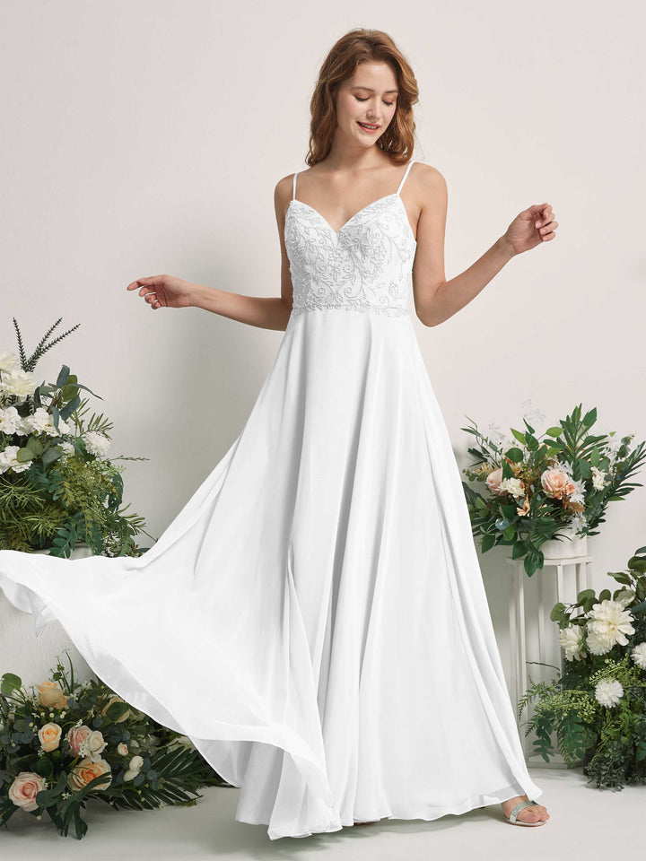 Carlyna Vestido línea A Escote en V Tirantes finos Hasta el suelo Dama de honor Blanco 