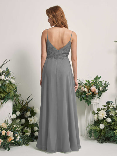 Carlyna Vestido línea A Escote en V Tirantes finos Hasta el suelo Dama de honor Gris Acero #color_gris-acero