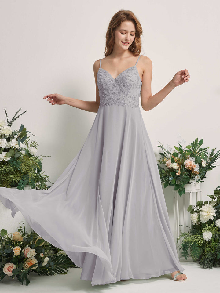 Carlyna Vestido línea A Escote en V Tirantes finos Hasta el suelo Dama de honor Gris Paloma 