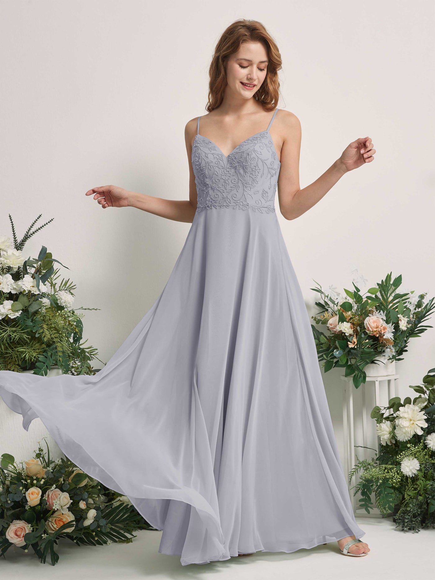 Carlyna Vestido línea A Escote en V Tirantes finos Hasta el suelo Dama de honor Lavanda Viejo #color_lavanda-viejo