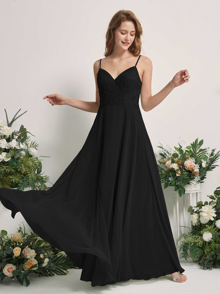 Carlyna Vestido línea A Escote en V Tirantes finos Hasta el suelo Dama de honor Negro 