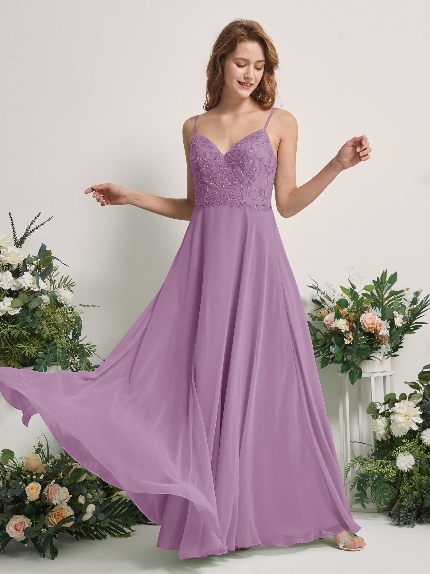Carlyna Vestido línea A Escote en V Tirantes finos Hasta el suelo Dama de honor Niebla Orquídea #color_niebla-orqu-dea