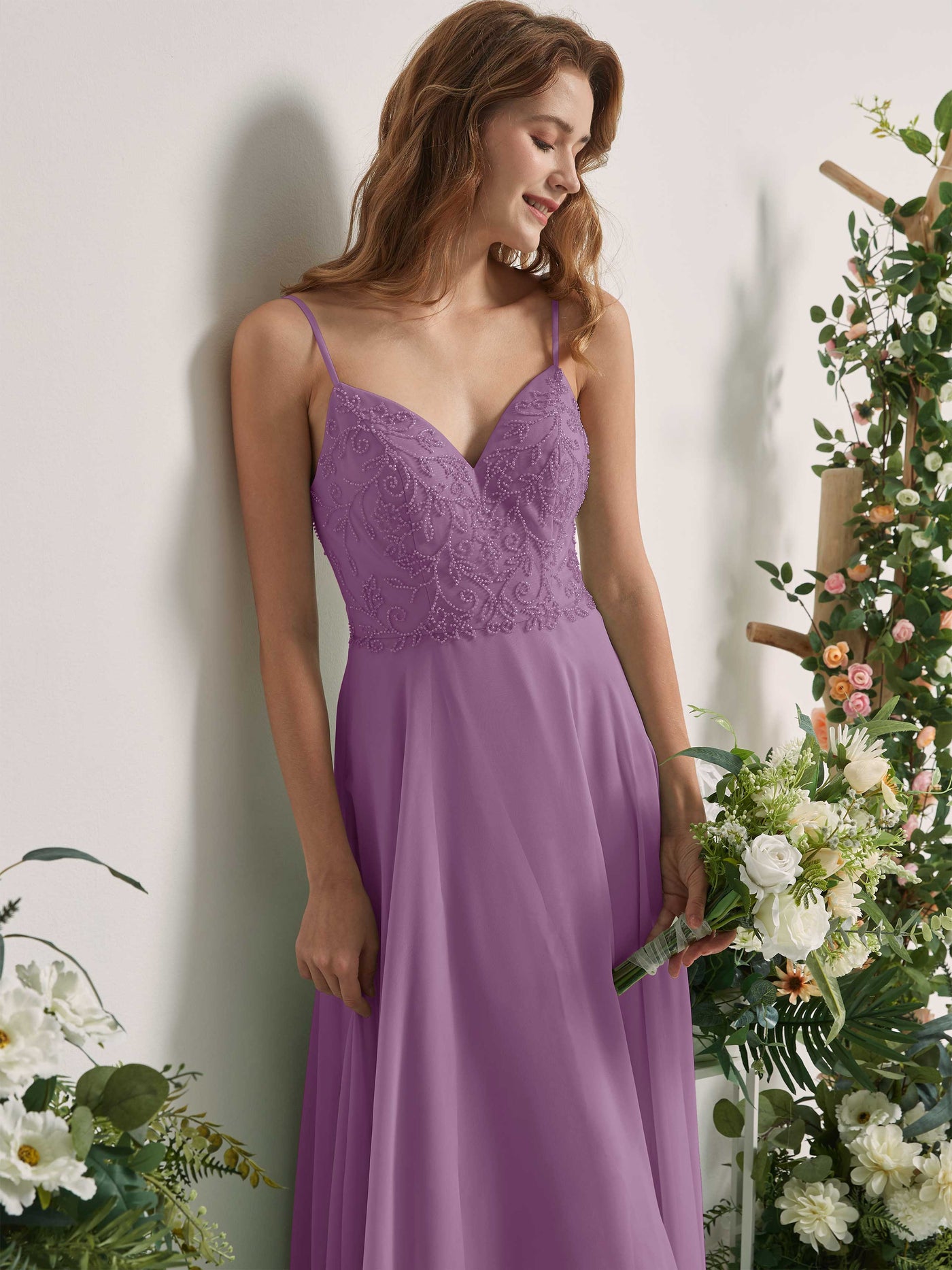 Carlyna Vestido línea A Escote en V Tirantes finos Hasta el suelo Dama de honor Niebla Orquídea #color_niebla-orqu-dea