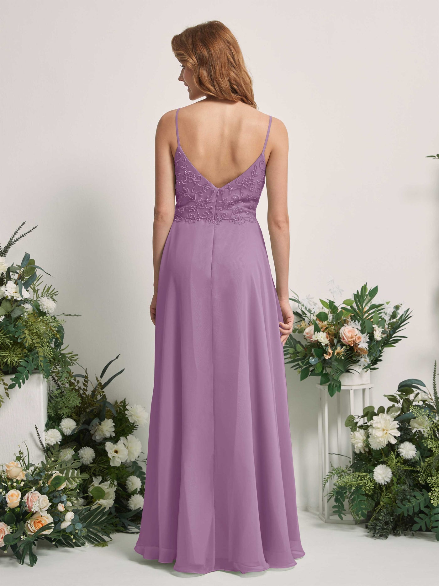 Carlyna Vestido línea A Escote en V Tirantes finos Hasta el suelo Dama de honor Niebla Orquídea #color_niebla-orqu-dea