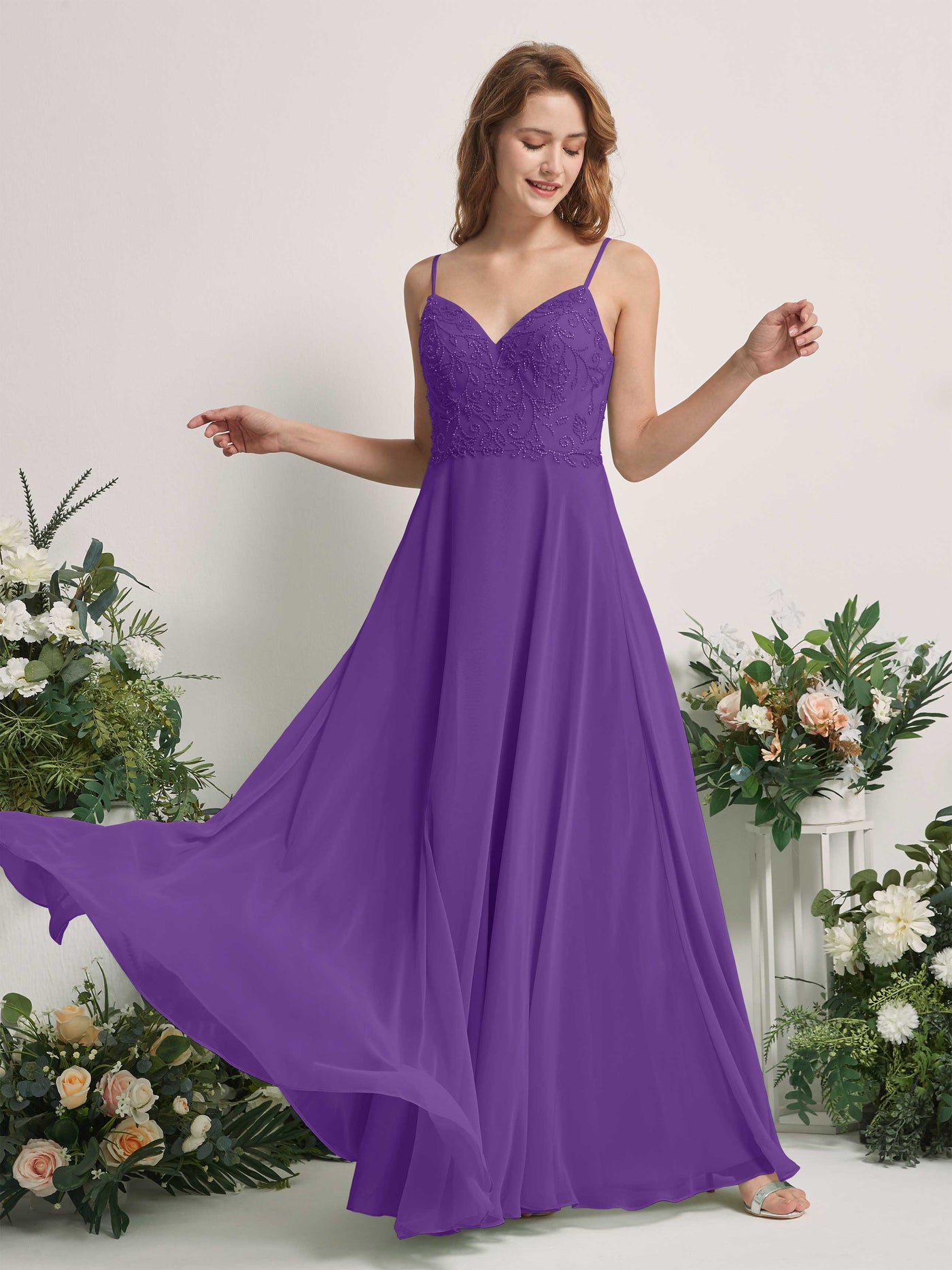 Carlyna Vestido línea A Escote en V Tirantes finos Hasta el suelo Dama de honor Regencia #color_regencia