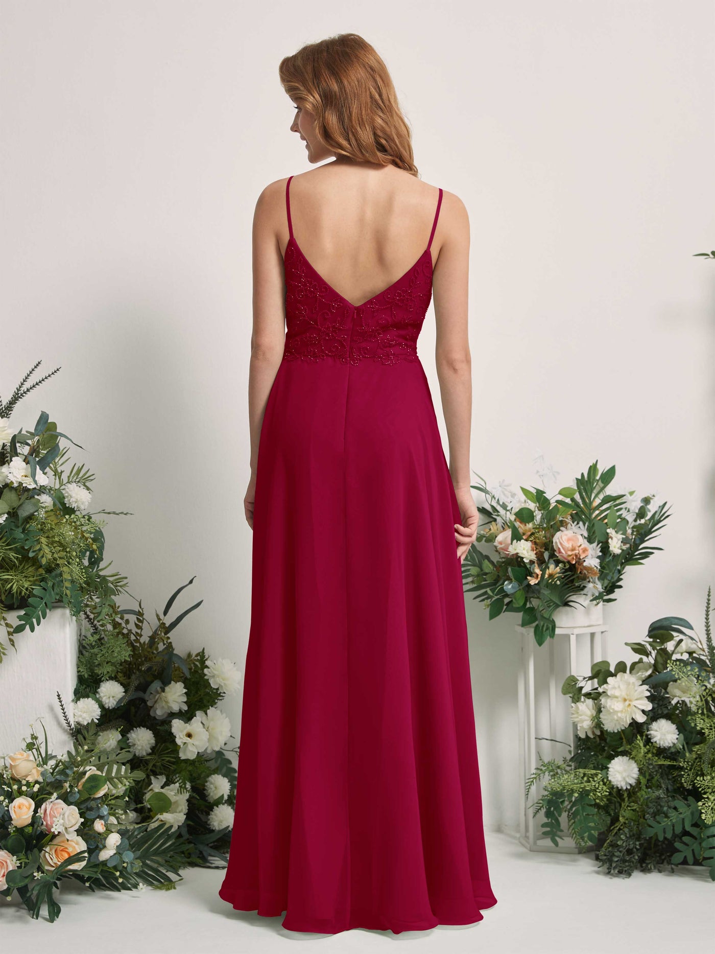 Carlyna Vestido línea A Escote en V Tirantes finos Hasta el suelo Dama de honor Rojo Bufón #color_rojo-buf-n