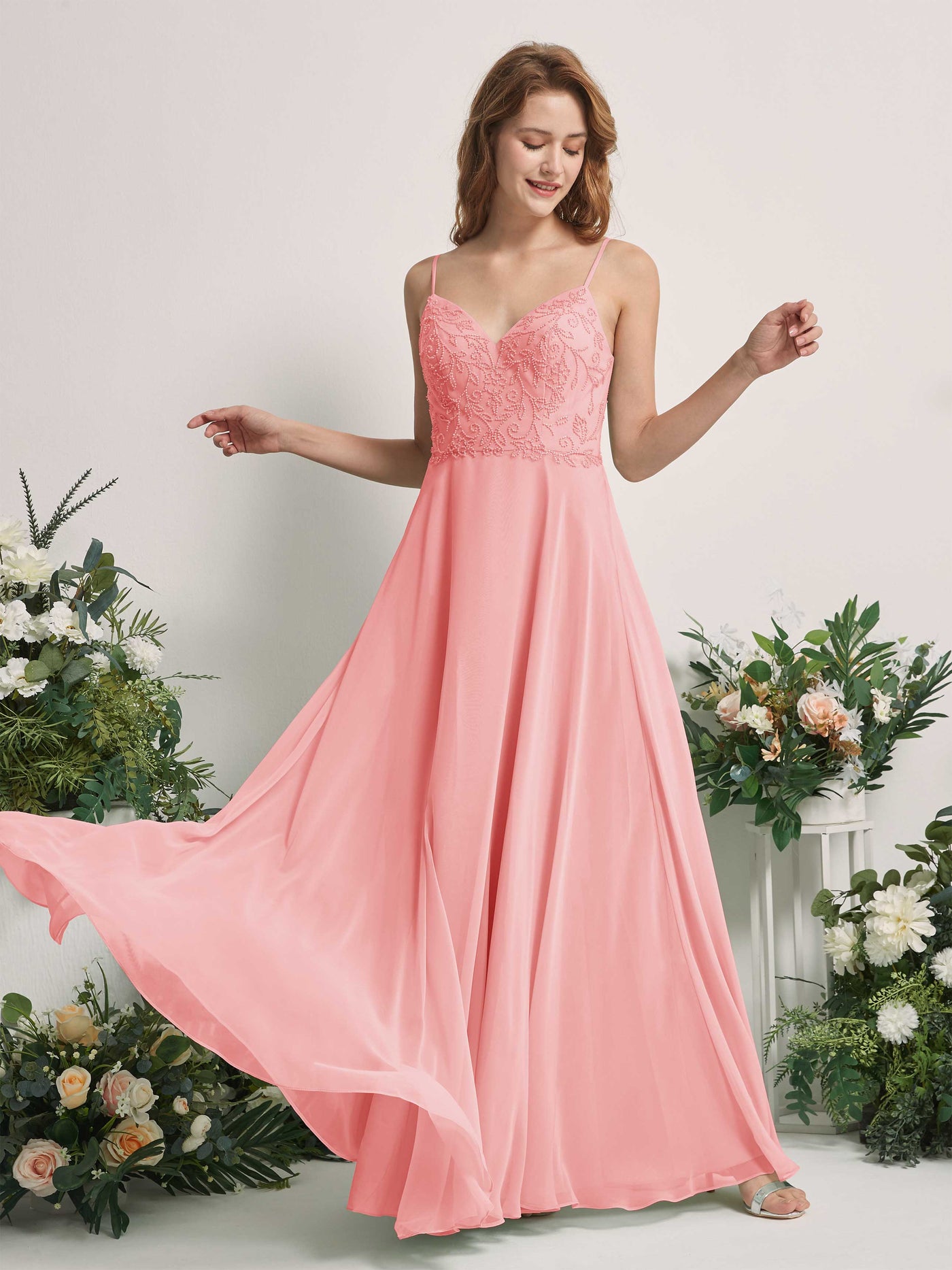 Carlyna Vestido línea A Escote en V Tirantes finos Hasta el suelo Dama de honor Rosa Ballet #color_rosa-ballet