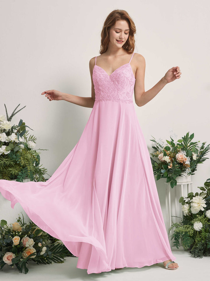 Carlyna Vestido línea A Escote en V Tirantes finos Hasta el suelo Dama de honor Rosa Caramelo 