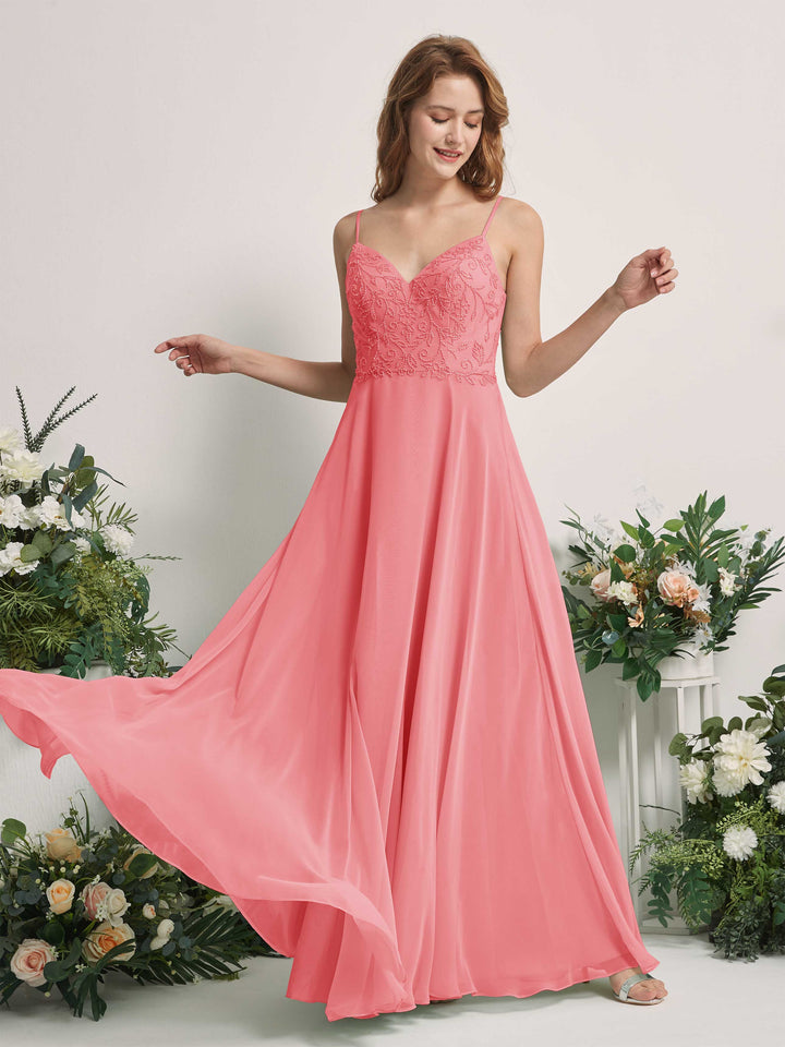 Carlyna Vestido línea A Escote en V Tirantes finos Hasta el suelo Dama de honor Rosa Coral 