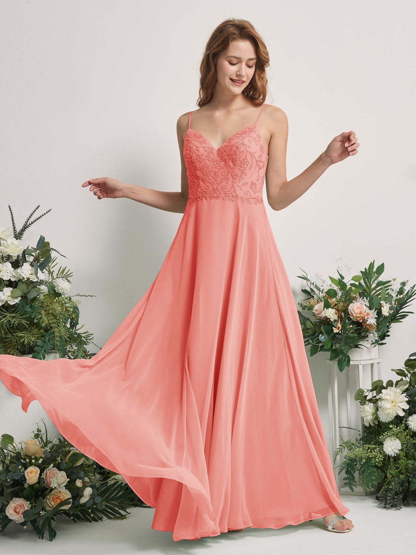 Carlyna Vestido línea A Escote en V Tirantes finos Hasta el suelo Dama de honor Rosa Melocotón #color_rosa-melocot-n