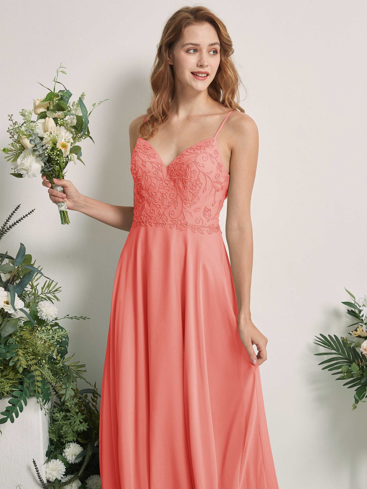 Carlyna Vestido línea A Escote en V Tirantes finos Hasta el suelo Dama de honor Rosa Melocotón #color_rosa-melocot-n