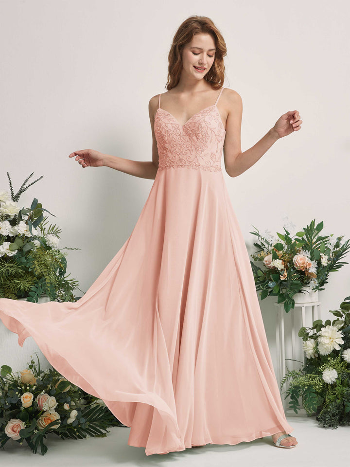 Carlyna Vestido línea A Escote en V Tirantes finos Hasta el suelo Dama de honor Rosa Perla 