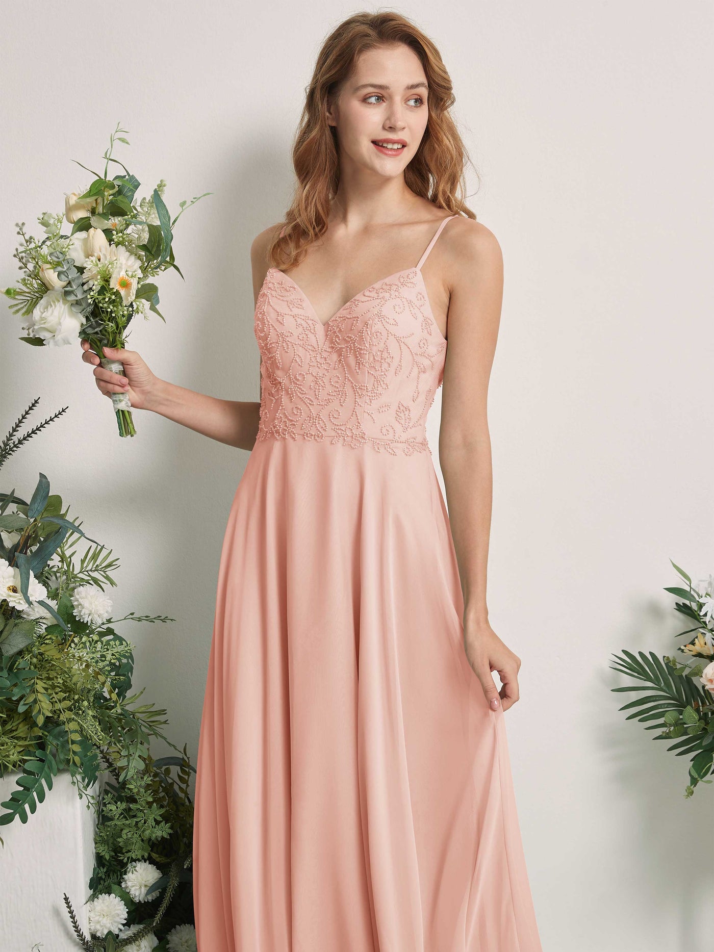 Carlyna Vestido línea A Escote en V Tirantes finos Hasta el suelo Dama de honor Rosa Perla #color_rosa-perla