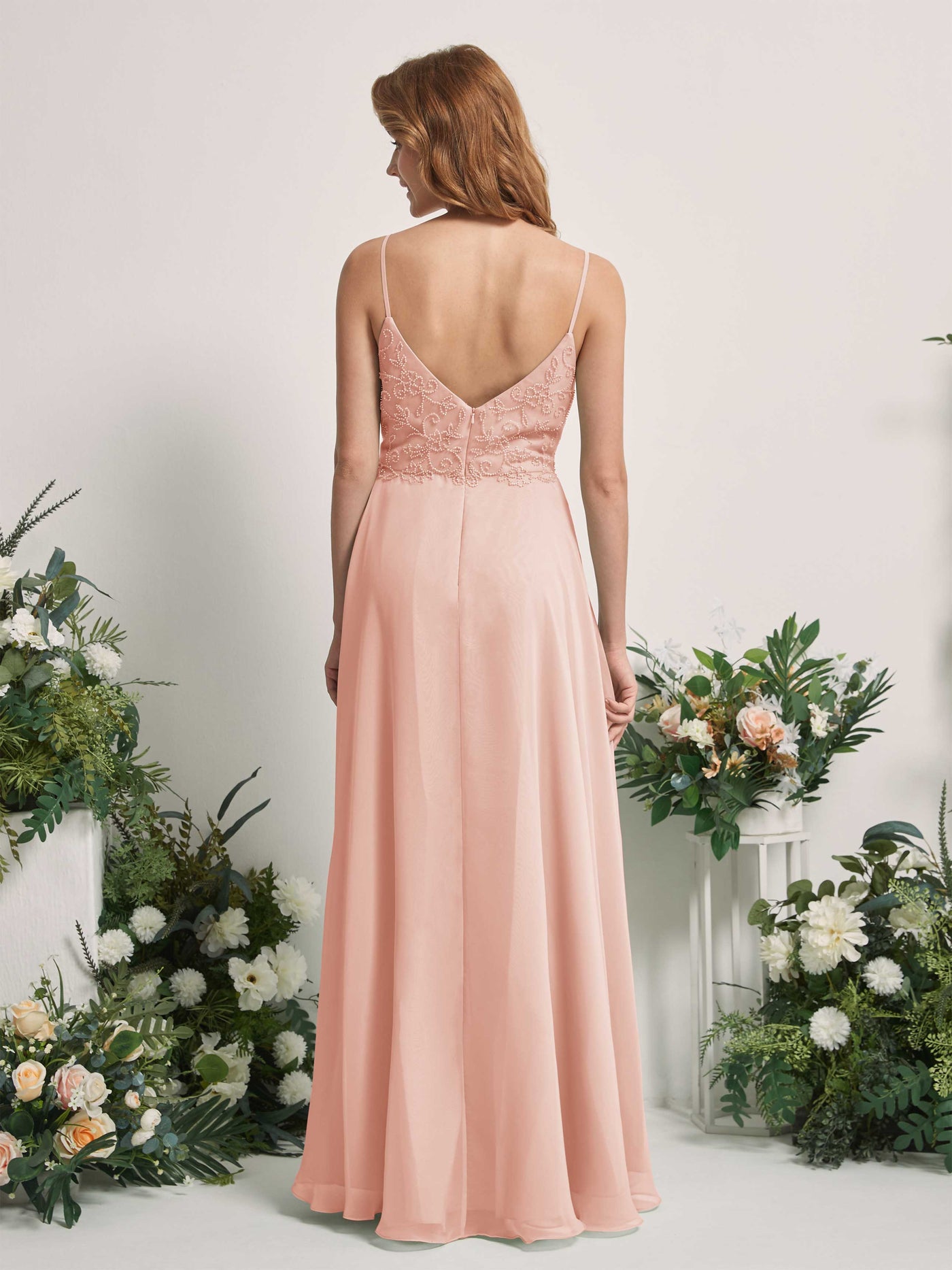 Carlyna Vestido línea A Escote en V Tirantes finos Hasta el suelo Dama de honor Rosa Perla #color_rosa-perla