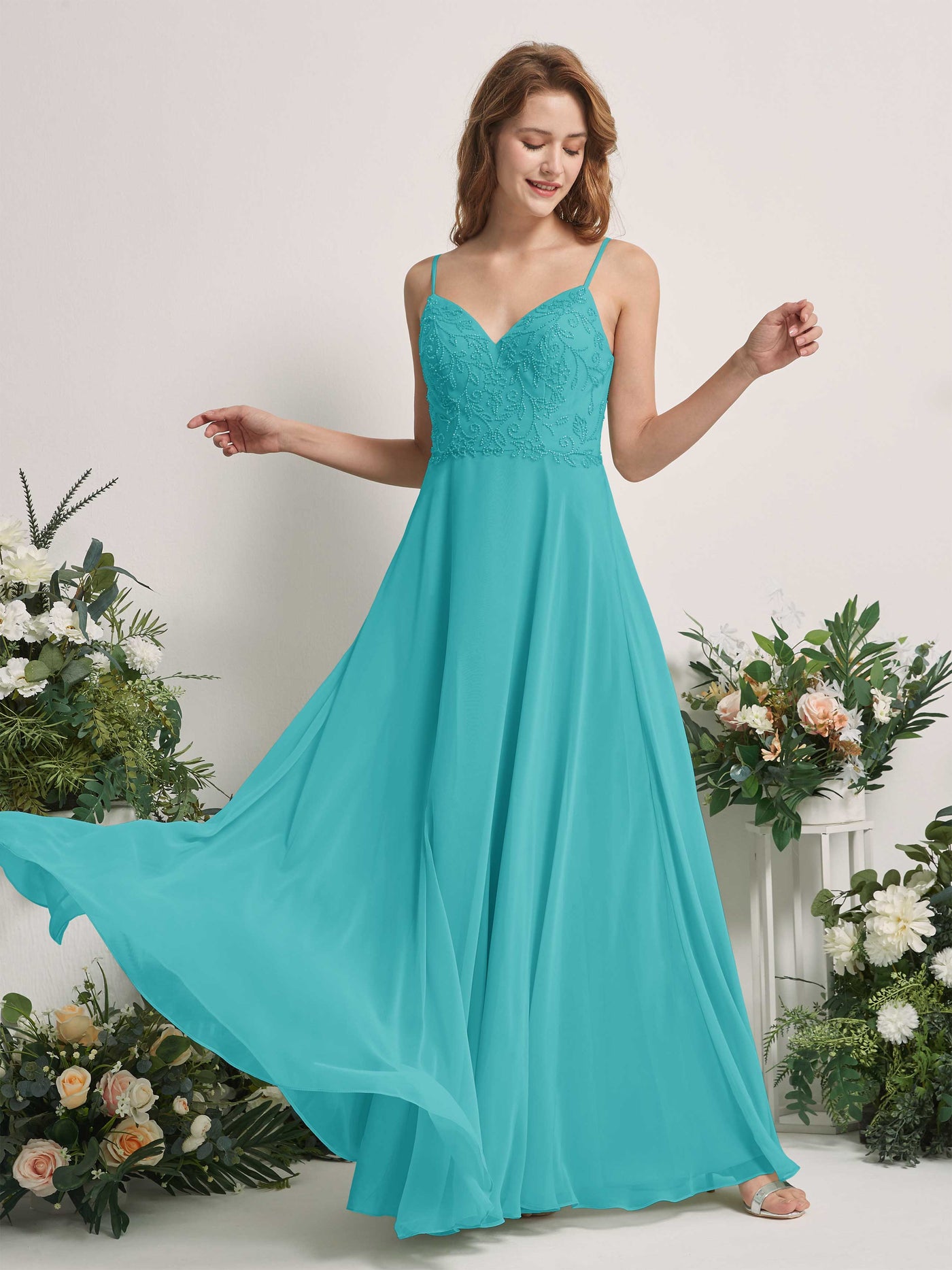 Carlyna Vestido línea A Escote en V Tirantes finos Hasta el suelo Dama de honor Turquesa #color_turquesa
